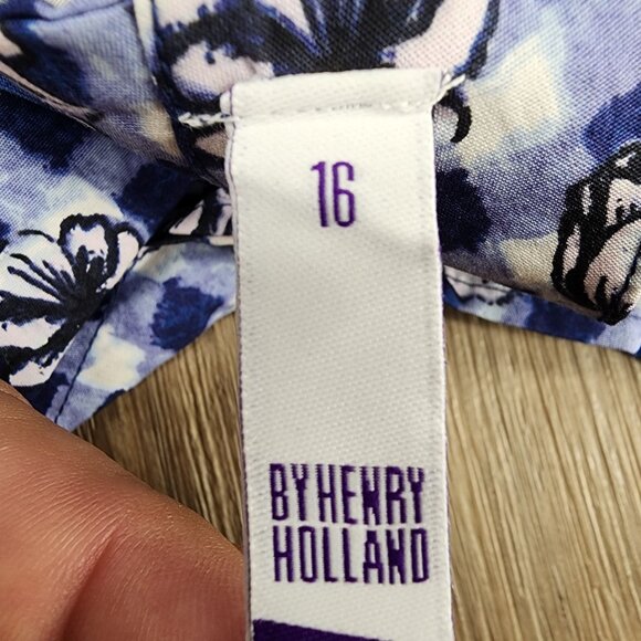 H! by Henry Holland Women's 16 Navy Blue Floral Gingham Print Smock Dress - Picture 2 of 8